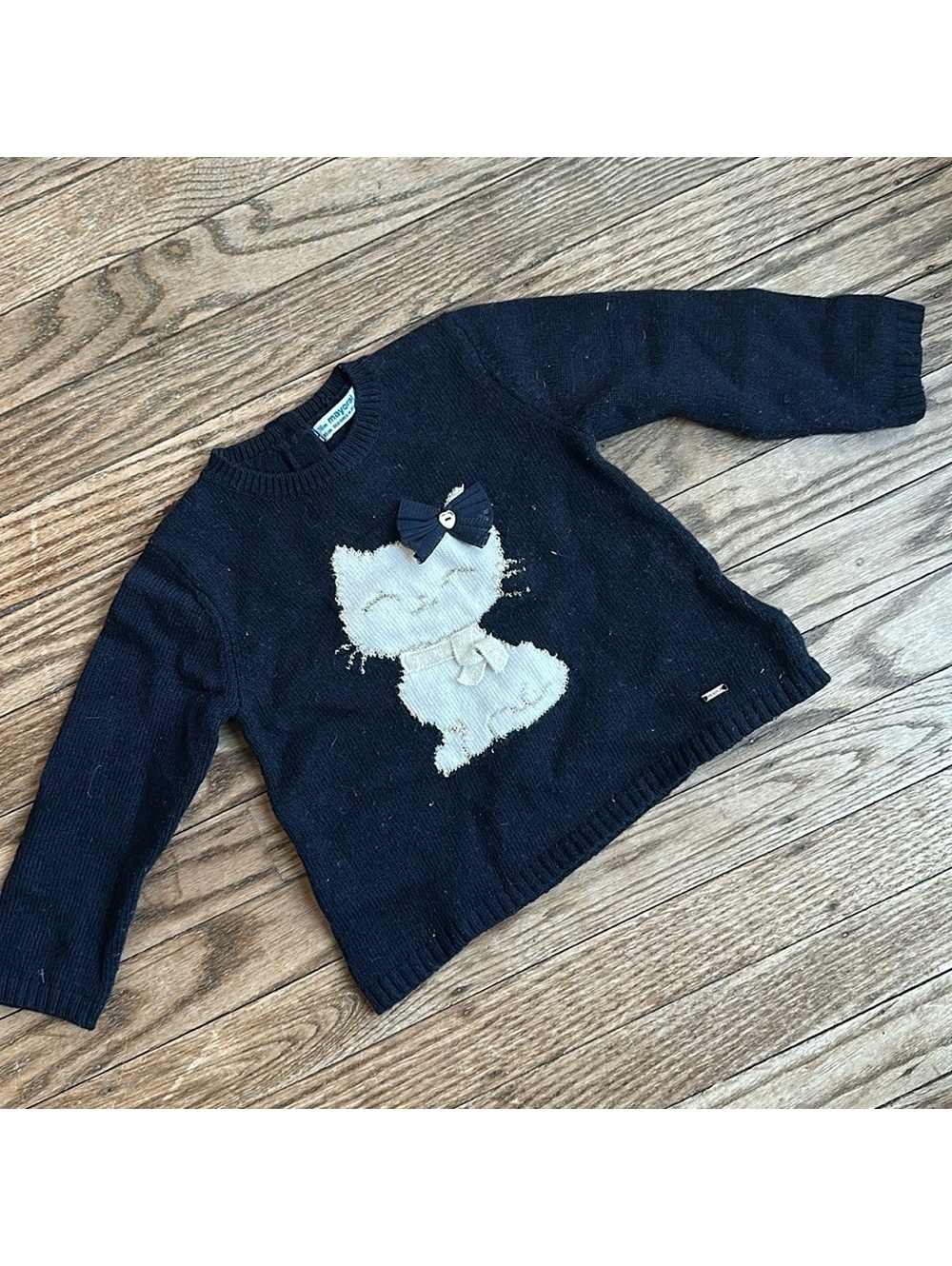 Mayoral Cat Kitten Sweater Navy Blue Wool Blend 18 mos EUC